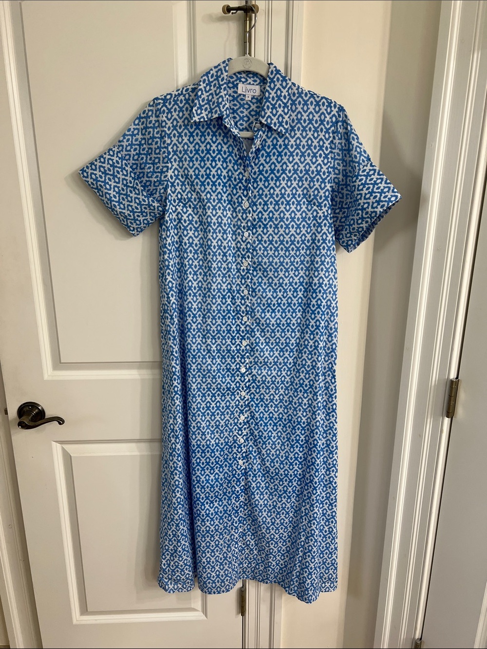 Livro Gibbons Blue and White Patterned Button-Front Shirt Dress